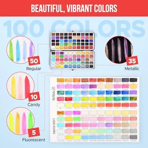 Art Vista Premium Watercolor Paint Set Bundle with 100 Vibrant Colors & Accessories | Non-Toxic, Portable Metal Case thumbnail 5