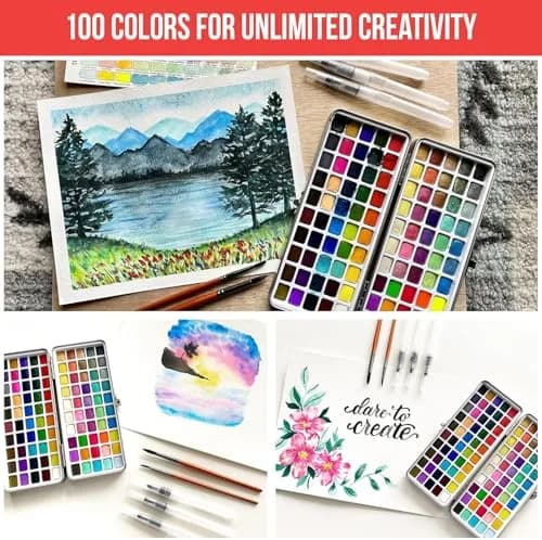 Art Vista Premium Watercolor Paint Set Bundle with 100 Vibrant Colors & Accessories | Non-Toxic, Portable Metal Case thumbnail 3