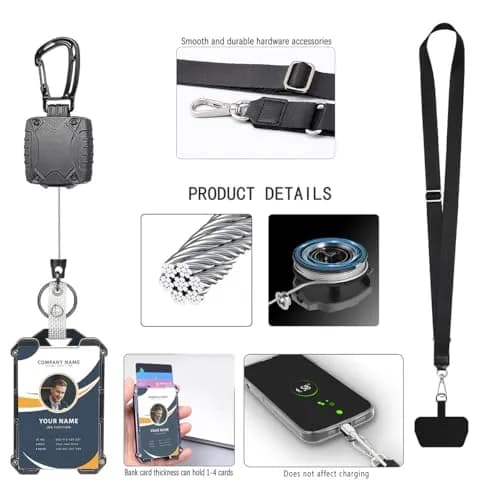 COOKOOKY Heavy Duty Retractable Badge Holder Clip with Carabiner & Lanyard, 4-Pack | Strong Stainless Steel Cord thumbnail 4