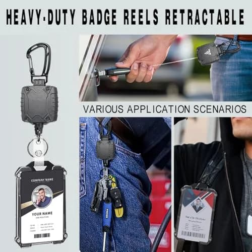 COOKOOKY Heavy Duty Retractable Badge Holder Clip with Carabiner & Lanyard, 4-Pack | Strong Stainless Steel Cord thumbnail 6