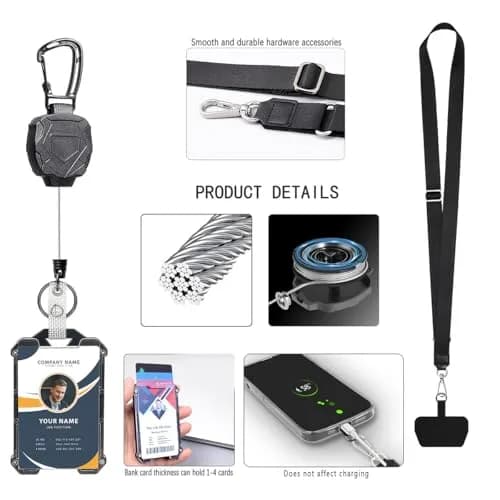COOKOOKY Heavy Duty Retractable Badge Holder Clip with Carabiner & Lanyard, 4-Pack | Strong Stainless Steel Cord thumbnail 4