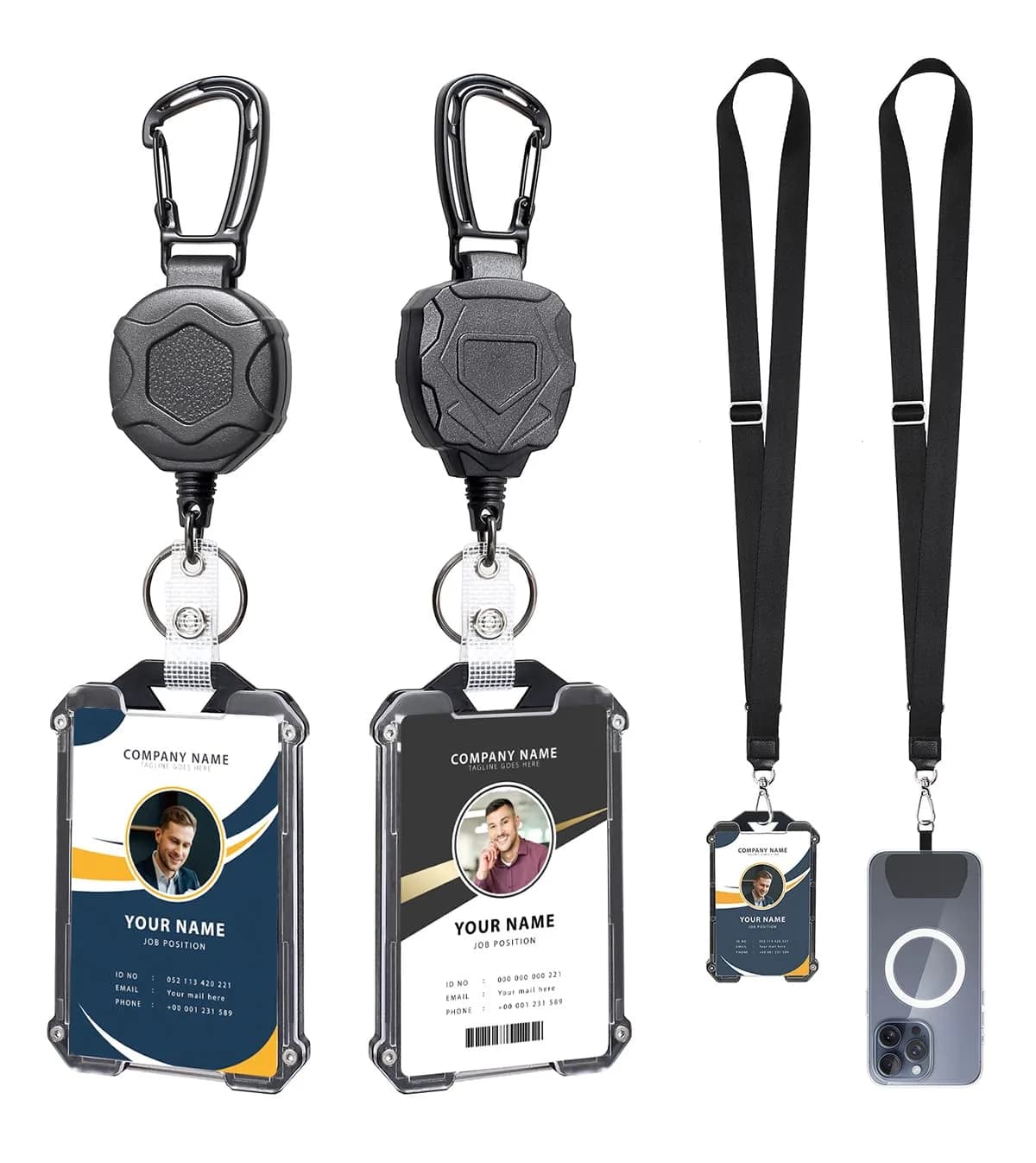 COOKOOKY Heavy Duty Retractable Badge Holder Clip with Carabiner & Lanyard, 4-Pack | Strong Stainless Steel Cord — 8 Pcs - # B002