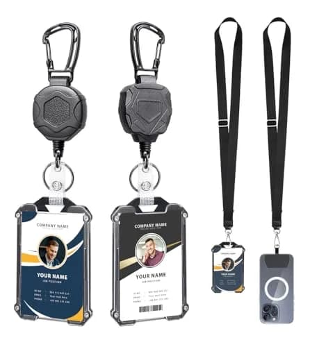 COOKOOKY Heavy Duty Retractable Badge Holder Clip with Carabiner & Lanyard, 4-Pack | Strong Stainless Steel Cord — 8 Pcs - # B002 - main product image