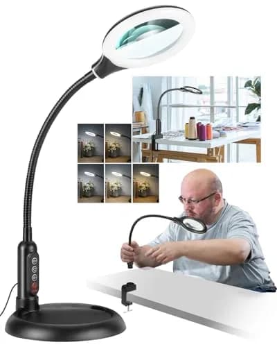 RackydigPro 12X Magnifying Glass with Light and Stand | 3.75-inch Real Glass Lens, LED 5 Color Modes, Brightness Stepless Dimming, Hands-Free Desk Clamp for Crafts & Reading thumbnail 1
