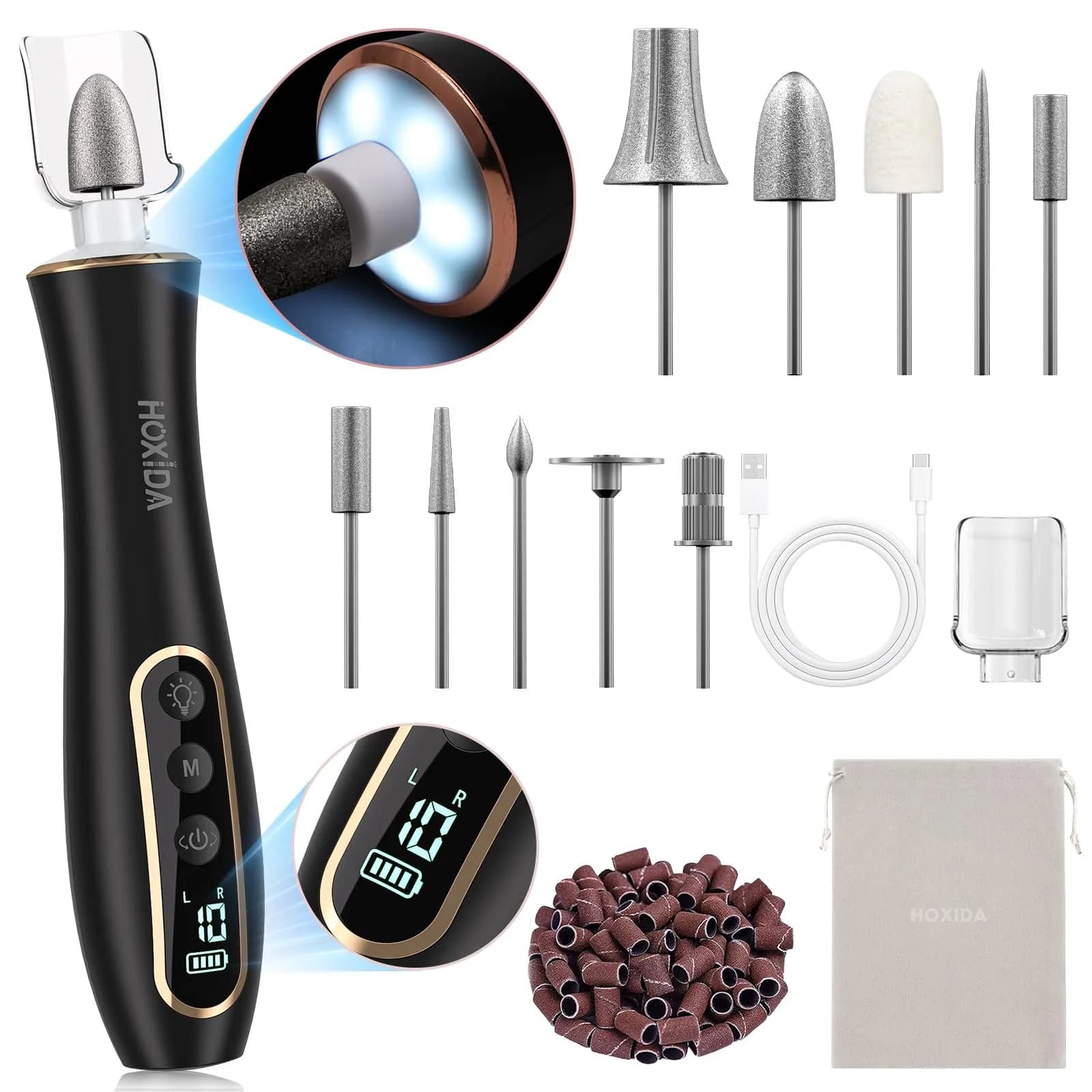 Hoxida Electric Nail Drill Cordless Manicure Pedicure Kit with 360° LED Light, 10 Speeds, Black - main product image