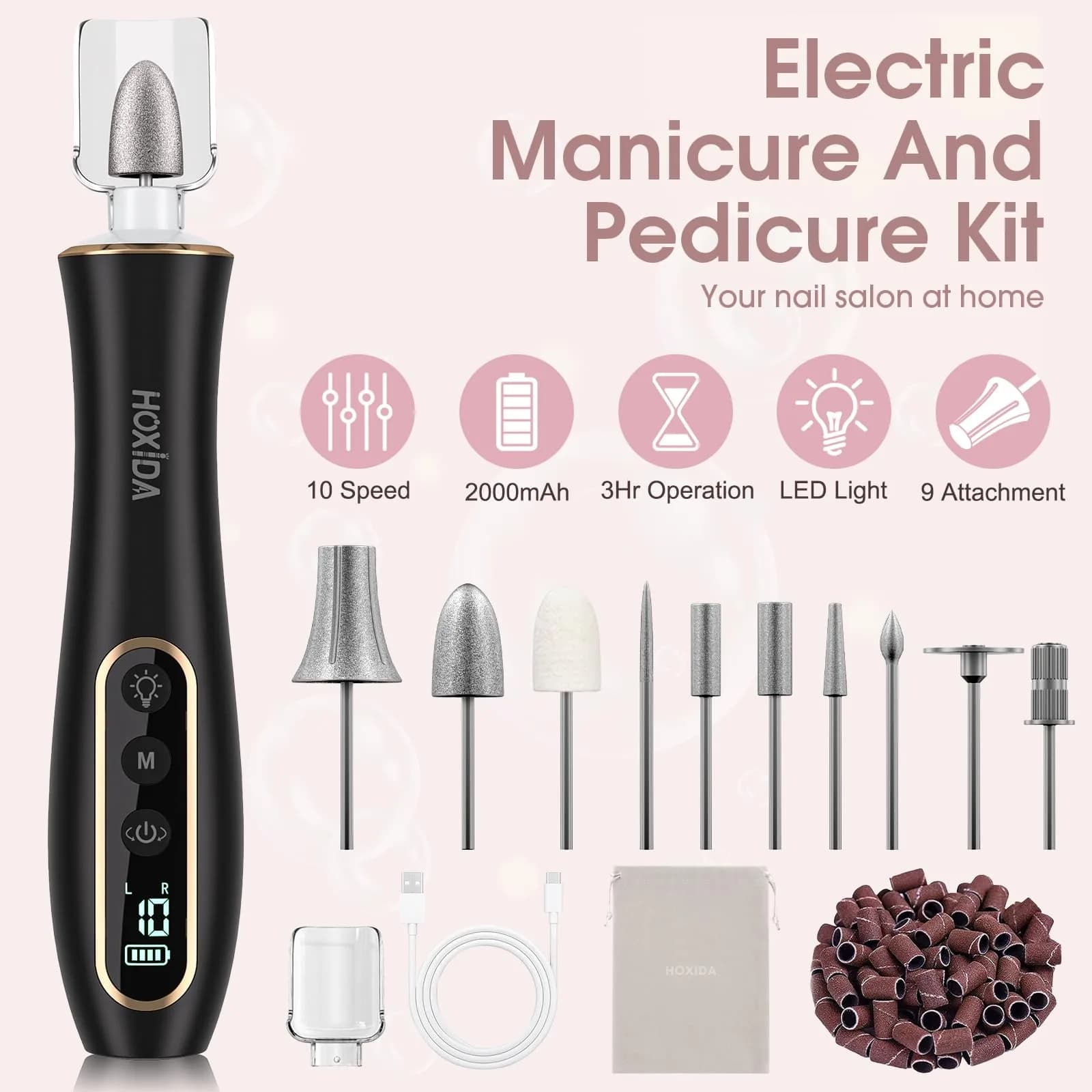 Hoxida Electric Nail Drill Cordless Manicure Pedicure Kit with 360° LED Light, 10 Speeds, Black - view 2