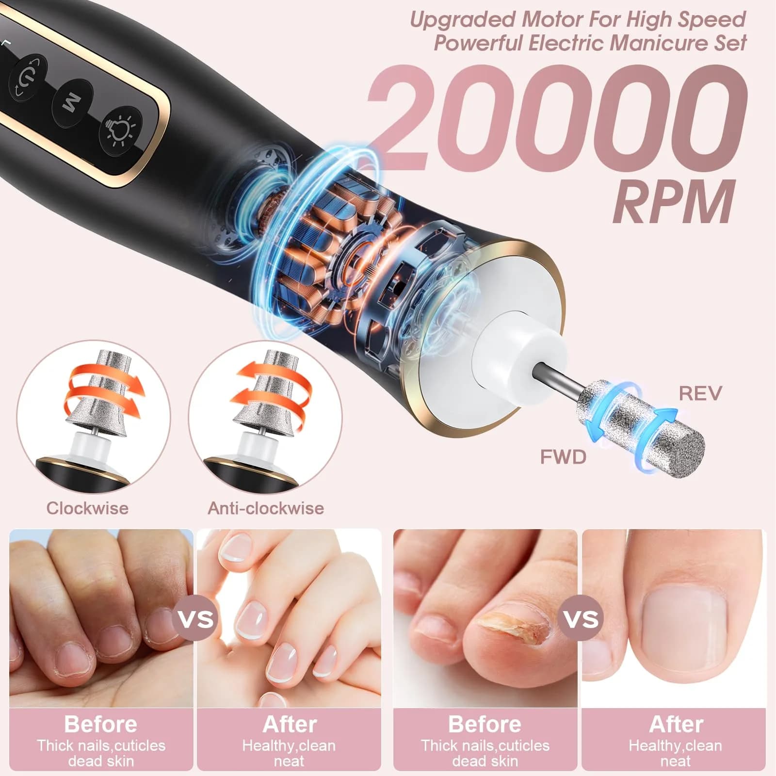Hoxida Electric Nail Drill Cordless Manicure Pedicure Kit with 360° LED Light, 10 Speeds, Black - view 3