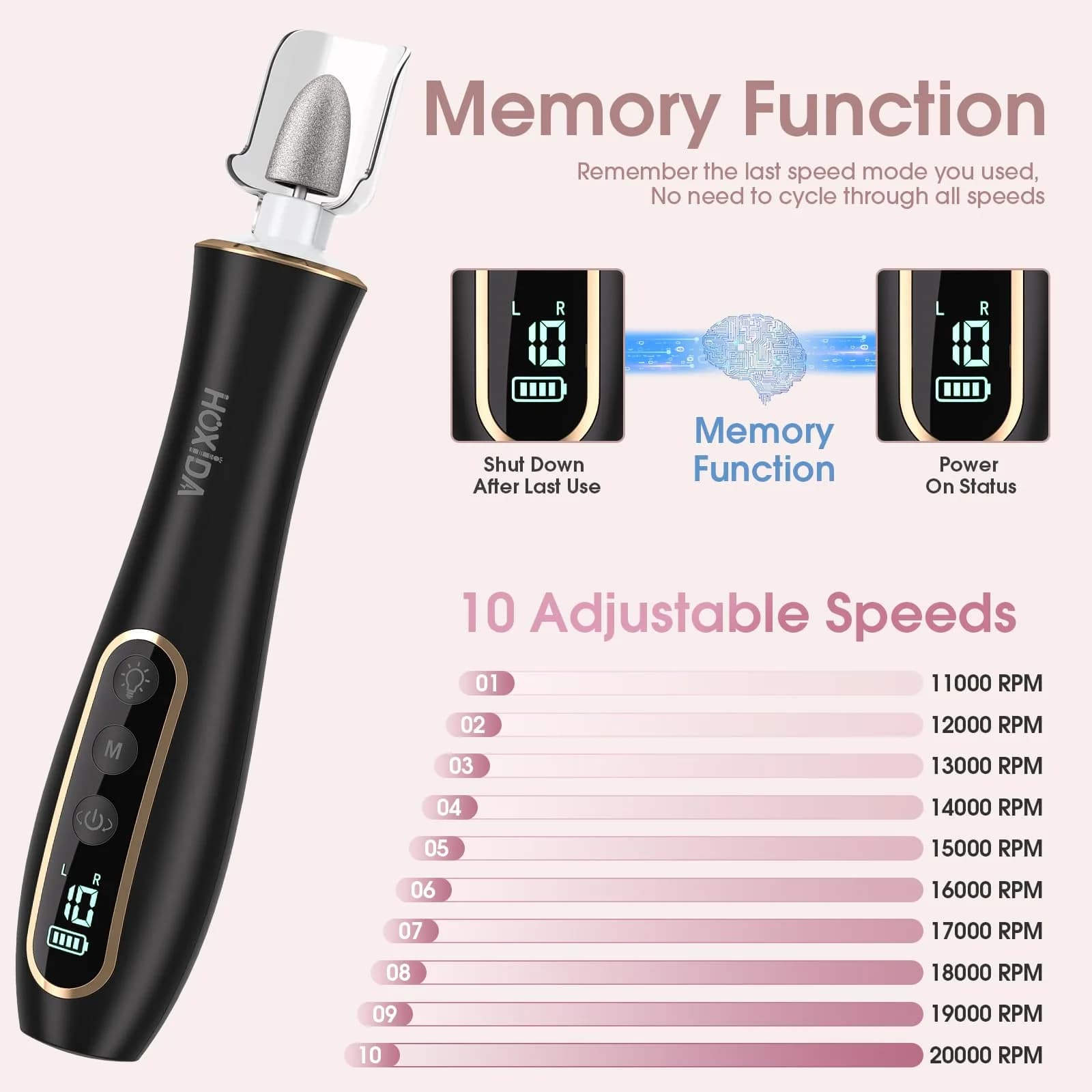 Hoxida Electric Nail Drill Cordless Manicure Pedicure Kit with 360° LED Light, 10 Speeds, Black - view 5