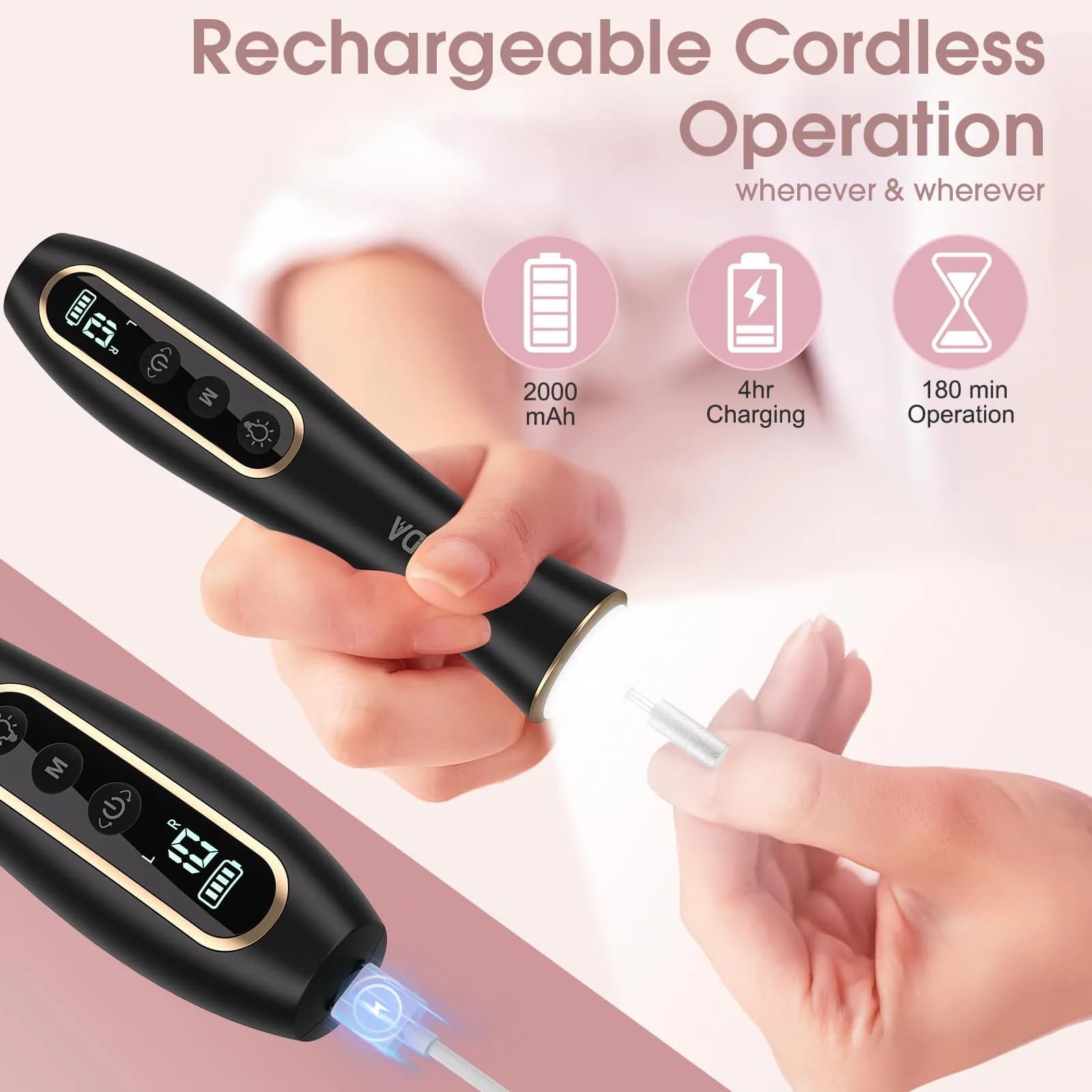 Hoxida Electric Nail Drill Cordless Manicure Pedicure Kit with 360° LED Light, 10 Speeds, Black - view 7