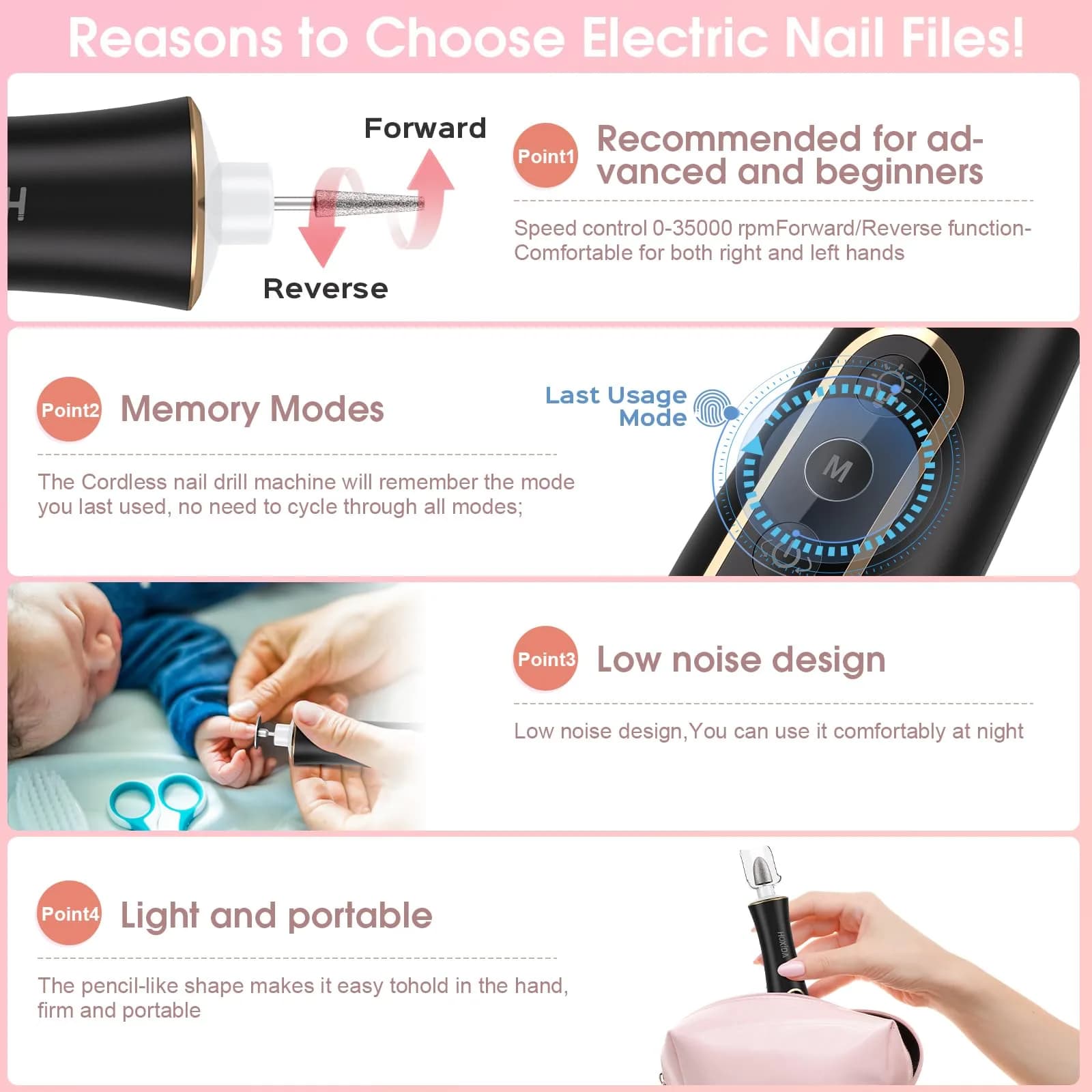 Hoxida Electric Nail Drill Cordless Manicure Pedicure Kit with 360° LED Light, 10 Speeds, Black - view 8