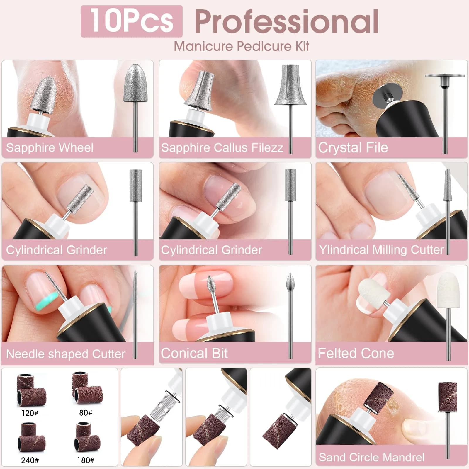 Hoxida Electric Nail Drill Cordless Manicure Pedicure Kit with 360° LED Light, 10 Speeds, Black - view 9