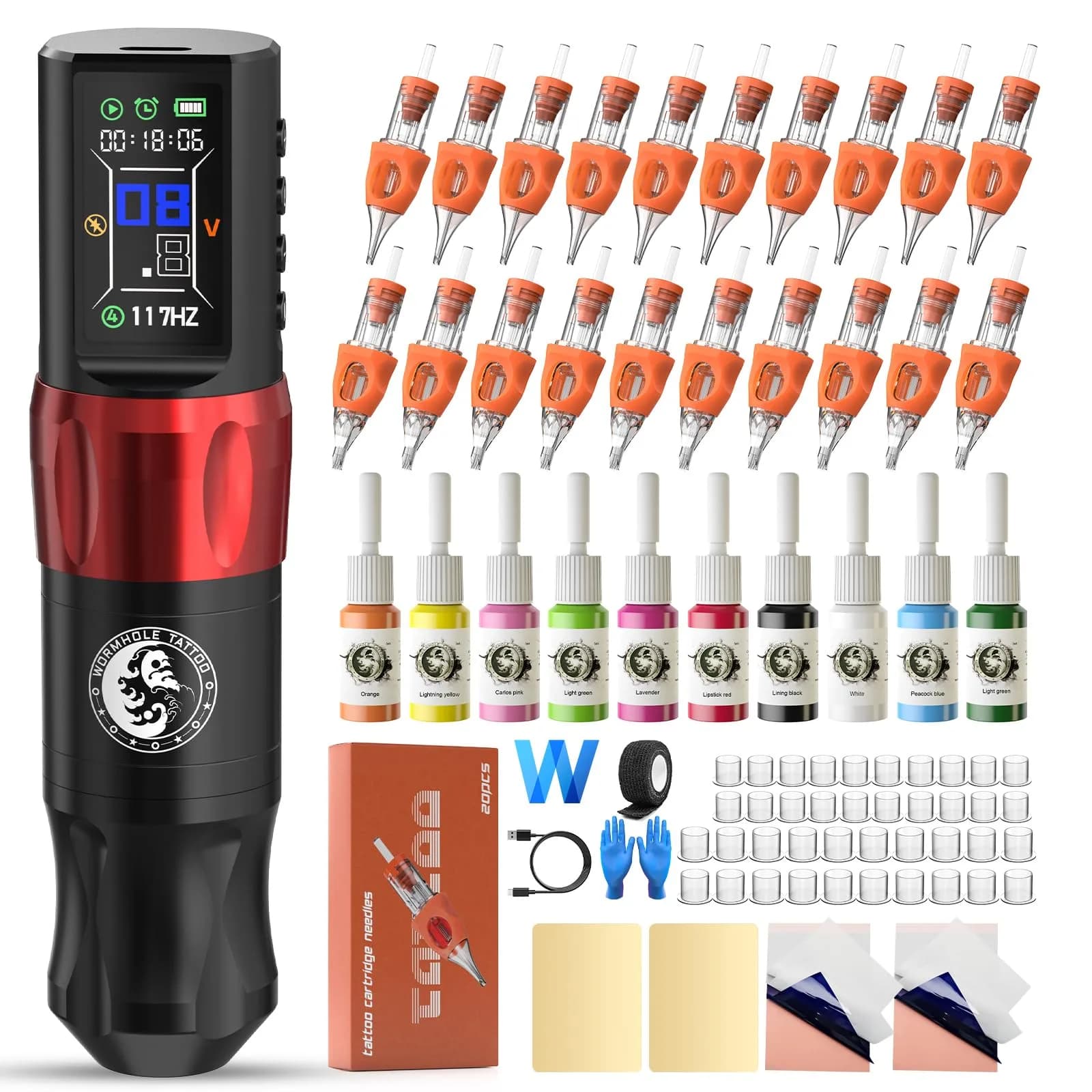 Wormhole Tattoo Gun Kit WTK070 for Beginners | Complete Set with 8x 30ml Ink & 20 Needles — Black1