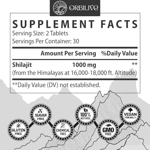 ORBILIVE Shilajit Tablets 1000 MG | Himalayan Organic, Rich in Fulvic Acid & 85+ Trace Minerals for Energy & Immunity (70-120 chars) thumbnail 2