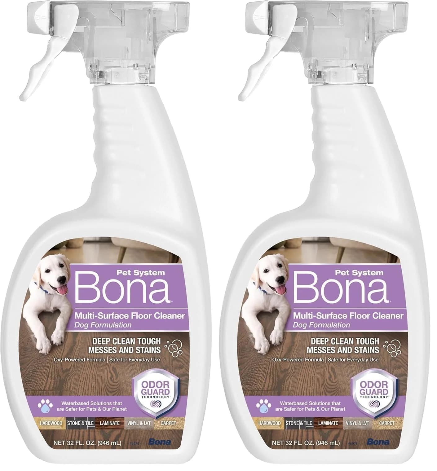 Bona Pet Spray Odor Eliminator, Dog Formulation, 2x32 fl oz | Oxy-Powered Stain & Odor Removal - main product image