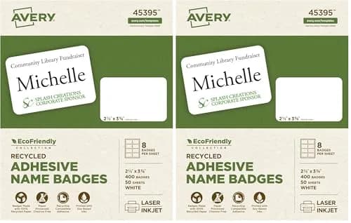 Avery EcoFriendly Recycled Name Tags 2-1/3" x 3-3/8" White 400 Labels (Pack of 2) | Printable & Removable Adhesive thumbnail 1