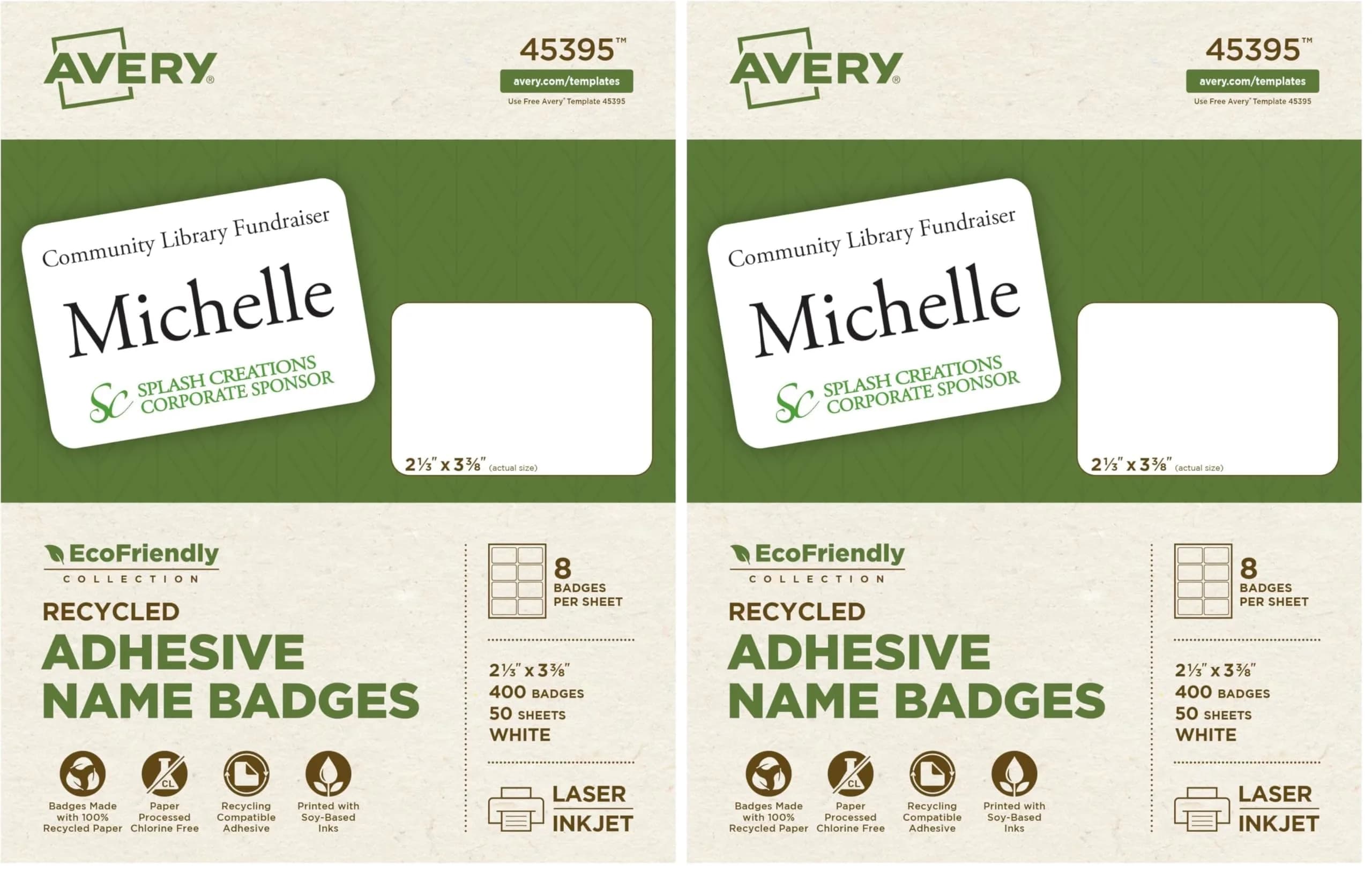 Avery EcoFriendly Recycled Name Tags 2-1/3" x 3-3/8" White 400 Labels (Pack of 2) | Printable & Removable Adhesive - main product image