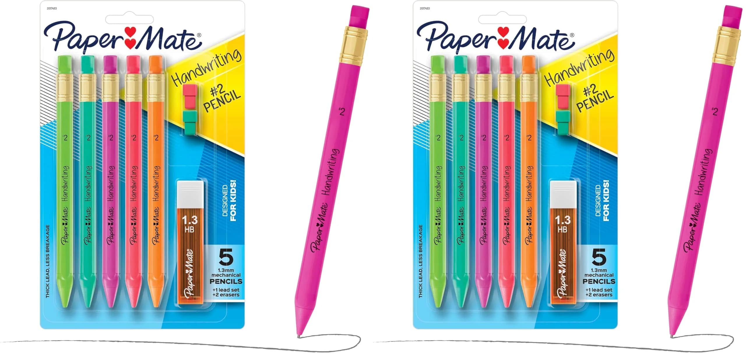 Paper Mate Handwriting Triangular Mechanical Pencil Set with Lead & Eraser Refills, 1.3mm, Assorted Colors, 2-Pack | Smooth Ink Flow - main product image