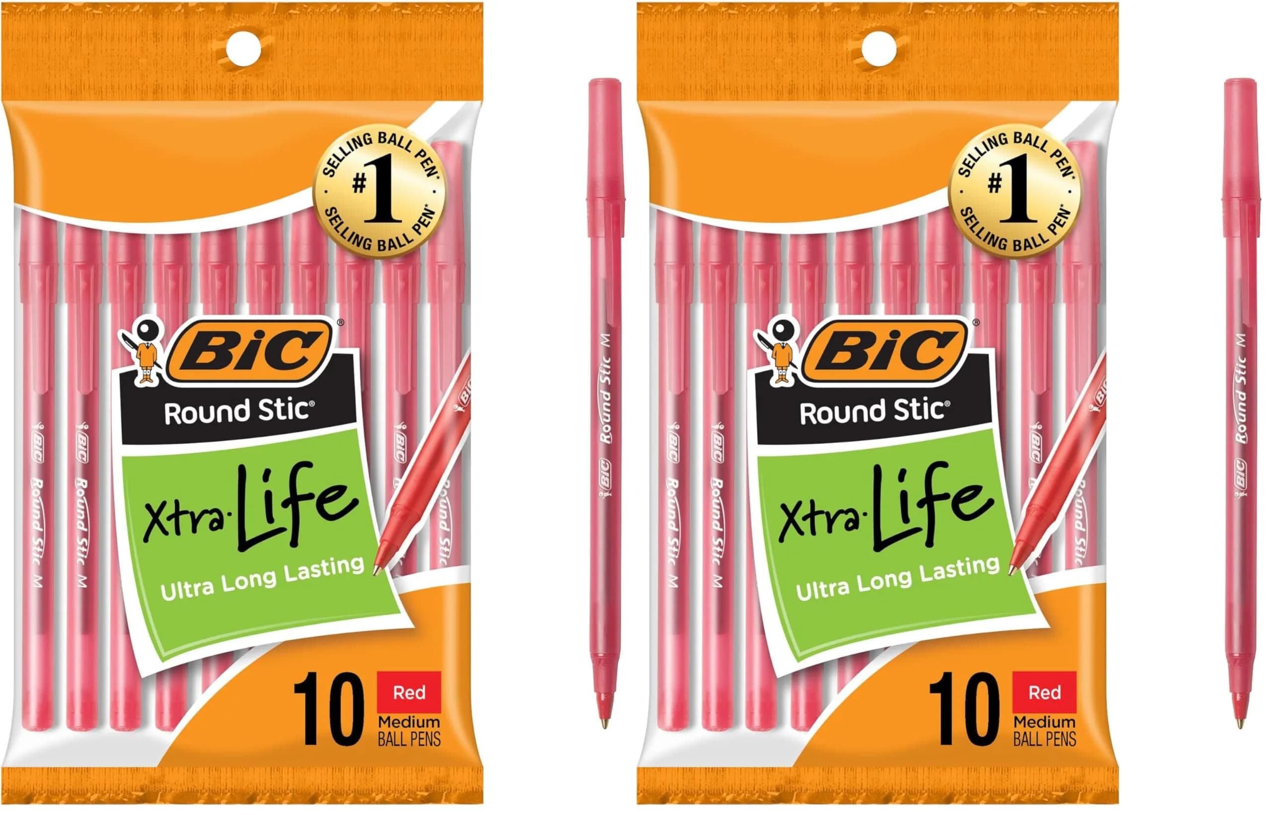 BIC Round Stic Xtra Life Red Ballpoint Pens, Medium Point (1.0mm) 20-Count | Smooth Ink Flow for Writing Comfort — Vermelho