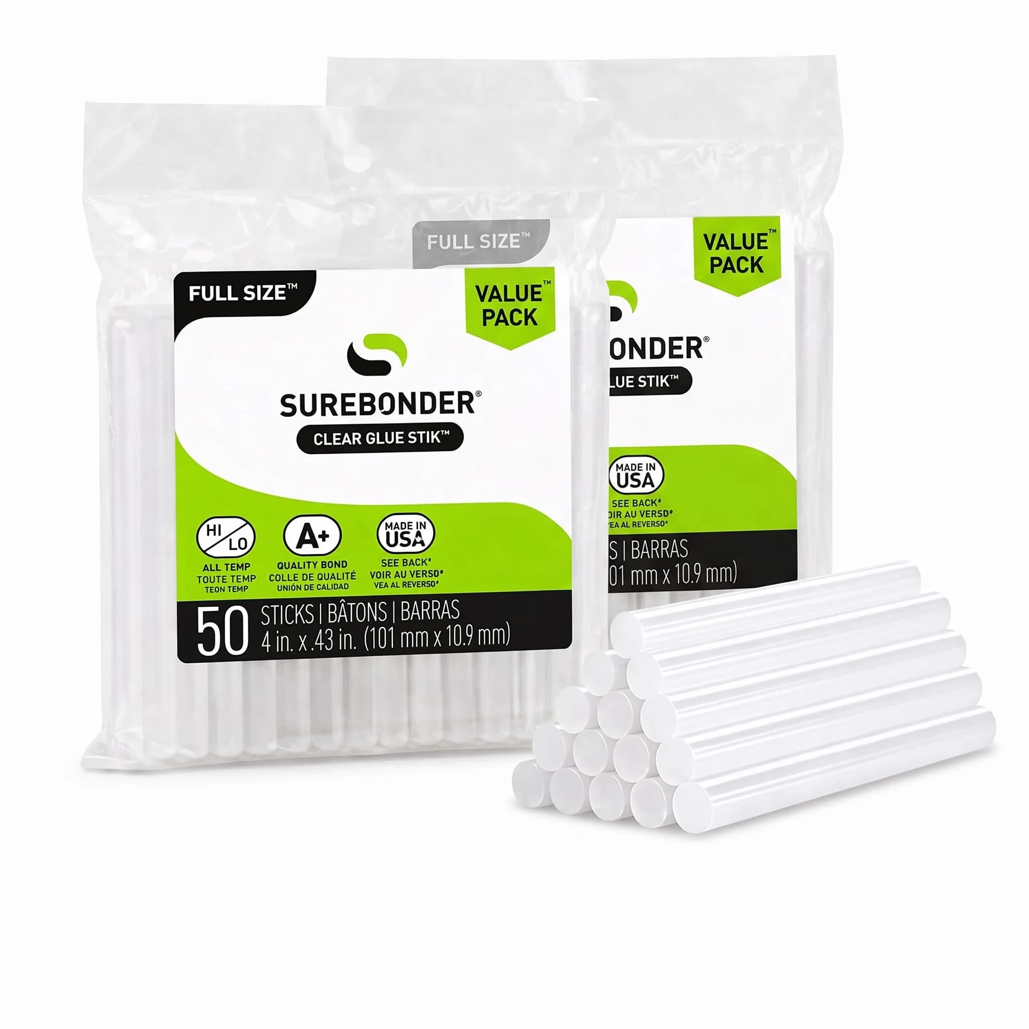 Surebonder Full Size Hot Glue Sticks, Clear, Non-Toxic, Multi-Temp, 4-Inch x 0.43-Inch for Full Size Glue Guns, 50 Count (Pack of 2) | Versatile DIY Adhesive — Pack of 2