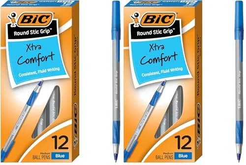 BIC Round Stic Grip Xtra Comfort Blue Ballpoint Pens, Medium Point (1.2mm), 24 Count (Pack of 2) | Smooth Ink Flow & Soft Grip thumbnail 1