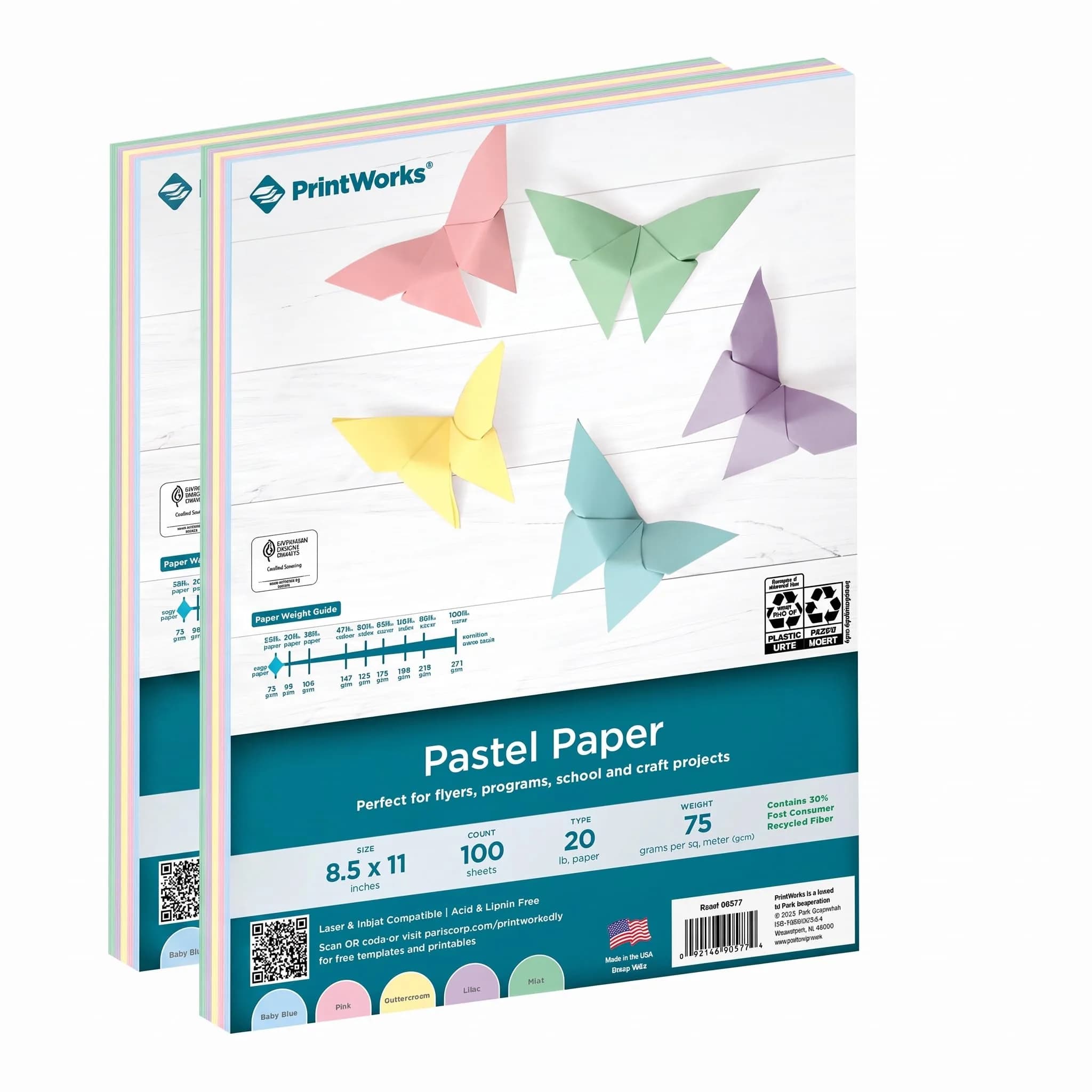 PrintWorks Pastel Paper 20 lb | 5 Assorted Pastel Colors | 100 Sheets 8.5 x 11 Inch | 30% Recycled