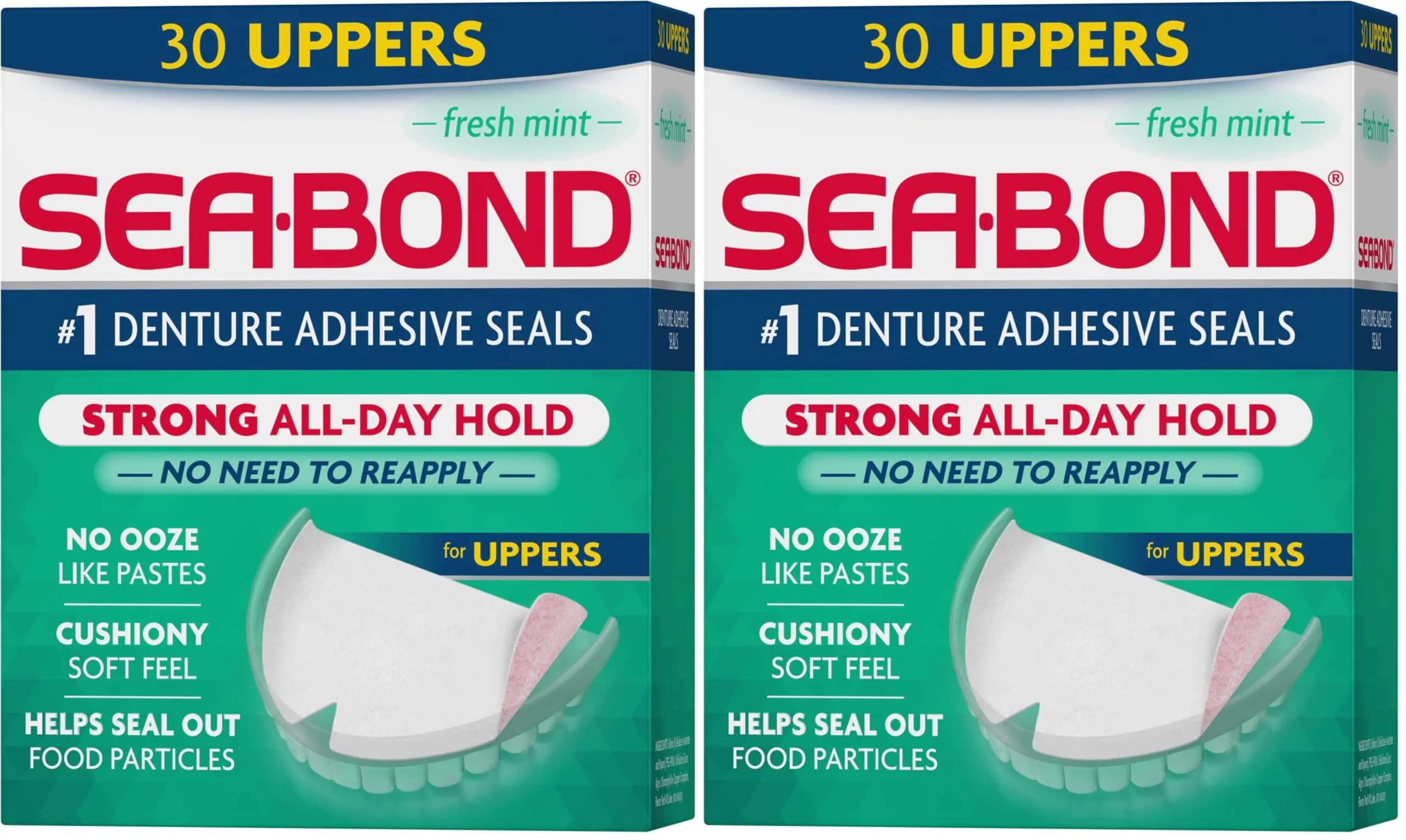 Sea-Bond Fresh Mint Uppers Denture Adhesive Seals 60 Count (30 Count Pack of 2) | Zinc-Free All-Day Hold - main product image