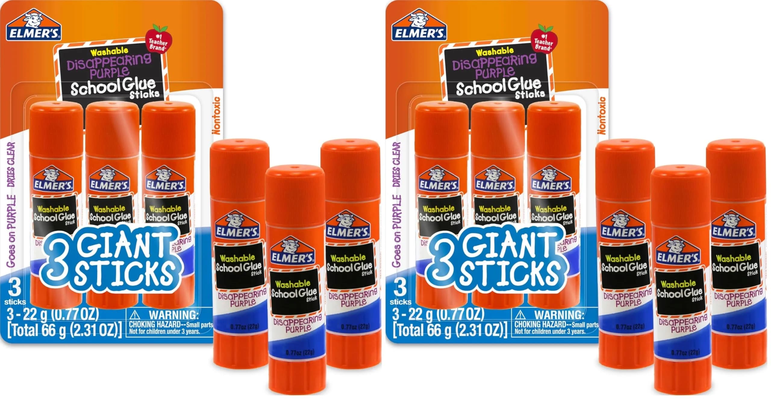 Elmer's Disappearing Purple School Glue Sticks, Washable, 22 Grams, 6 Count | #1 Teacher Brand, Dries Clear — Purple