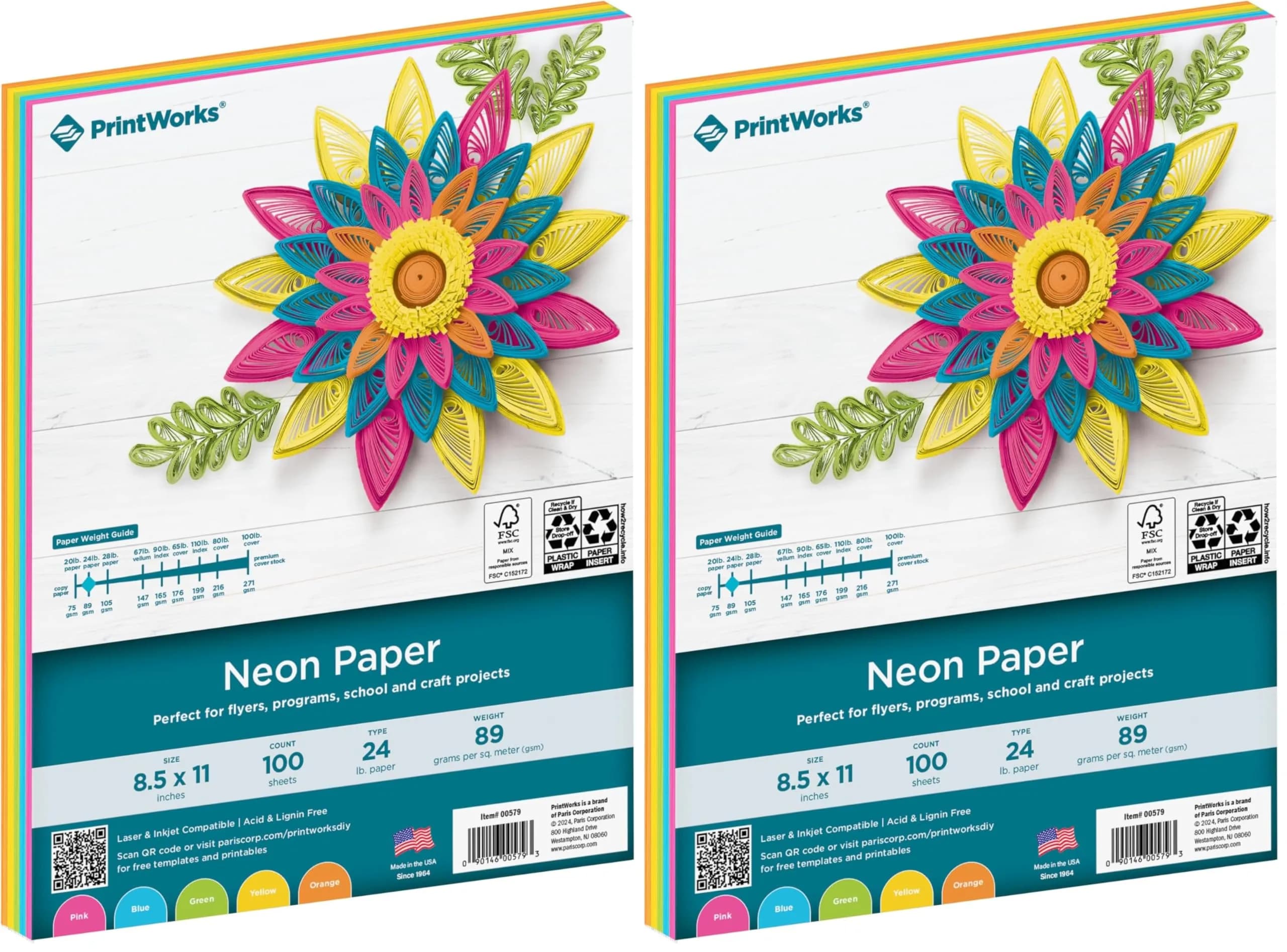 PrintWorks Neon Colored Paper, 24 lb, 5 Assorted Fluorescent Colors | High Impact Flyers & Crafts — Neon