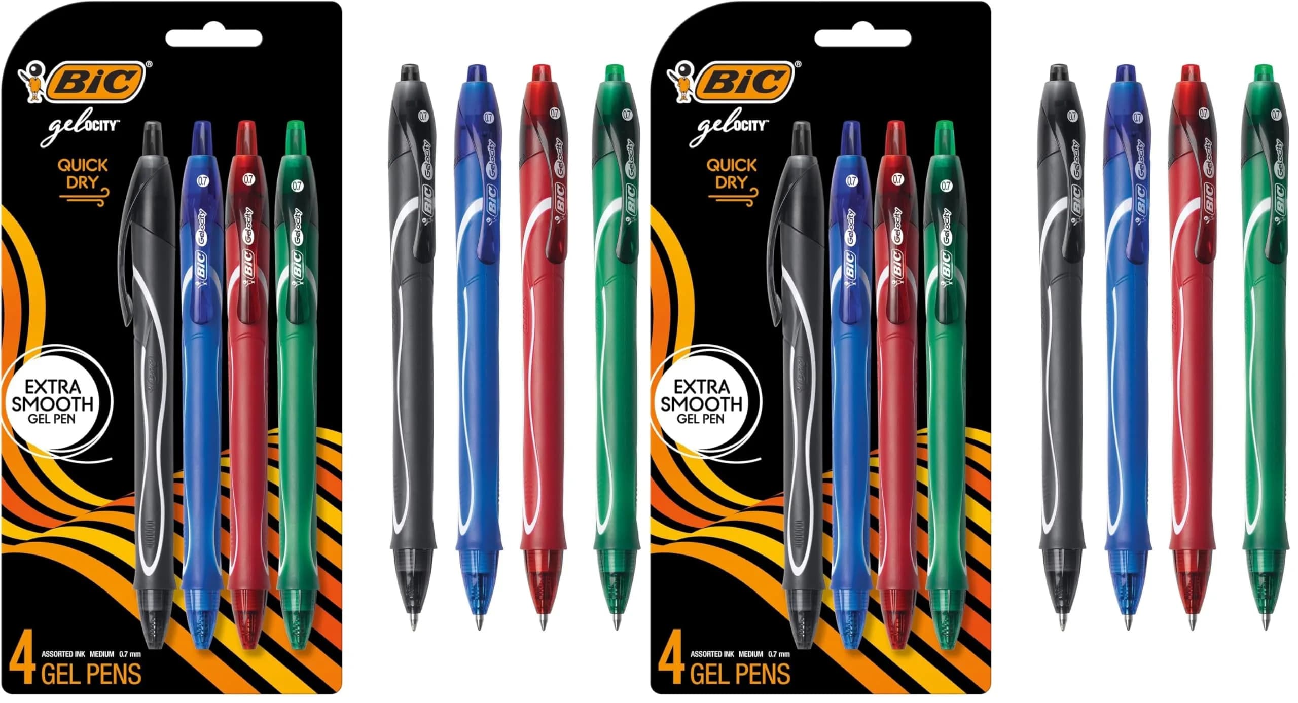 BIC Gelocity Quick Dry Gel Pens, Assorted Colors, Medium Point 0.7mm | 8-Count Pack (2 Packs) — Black, Blue, Red, Green