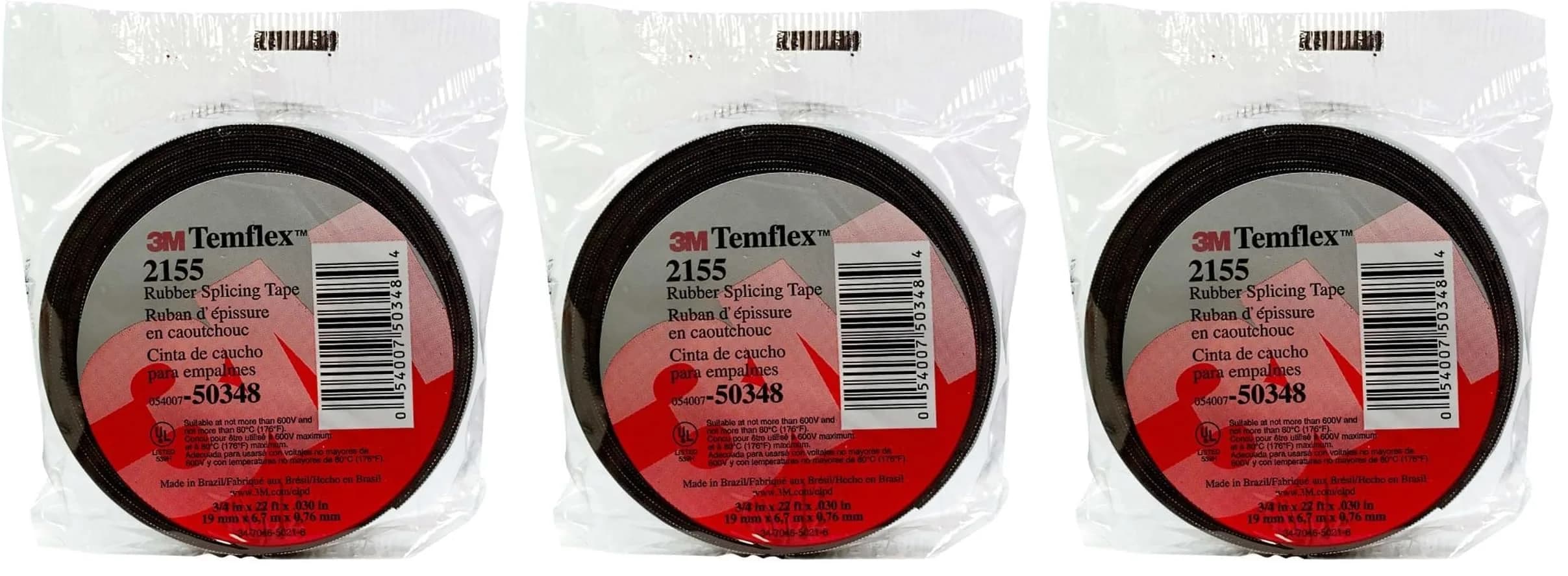 3M Temflex Rubber Splicing Tape 2155, 3/4 in x 22 ft (19mm x 6.7m) Black | UL Listed 600V Electrical Insulating Tape