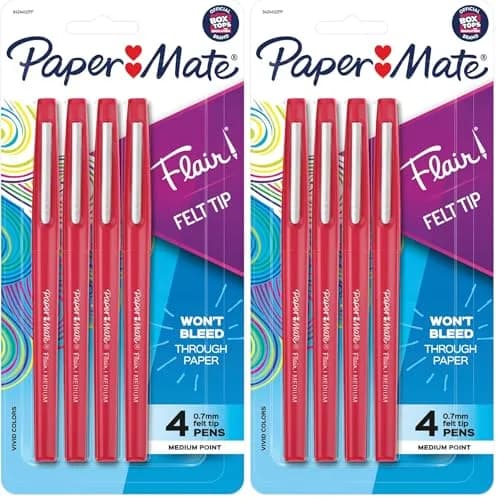 Paper Mate Flair Felt Tip Pens, Medium Point (0.7mm), Red, 4 Count | Bold Lines for Expressive Writing — Red / Red