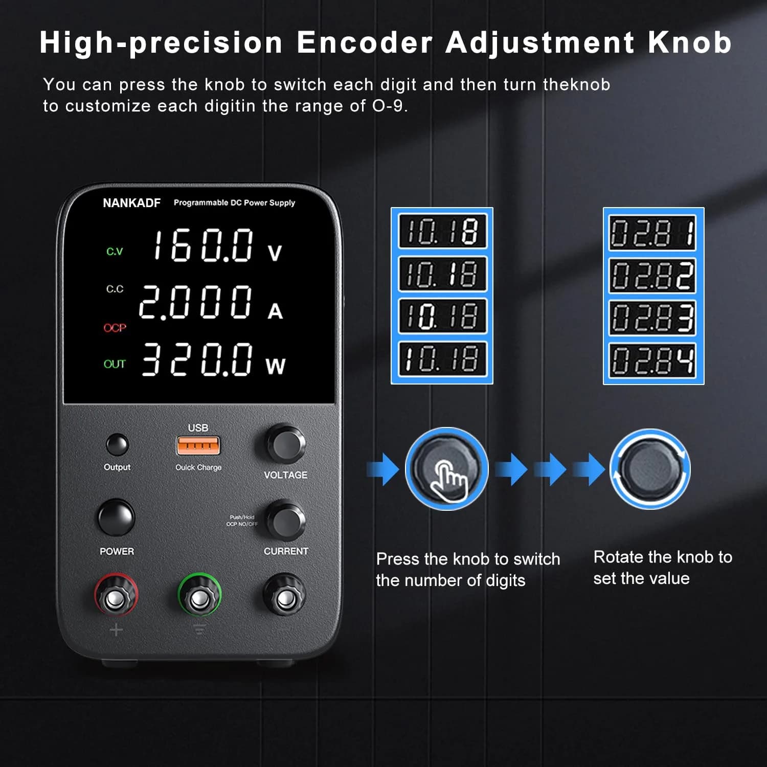 NANKADF 160V 2A Black DC Power Supply with Encoder Knob & USB Quick-Charge - view 3