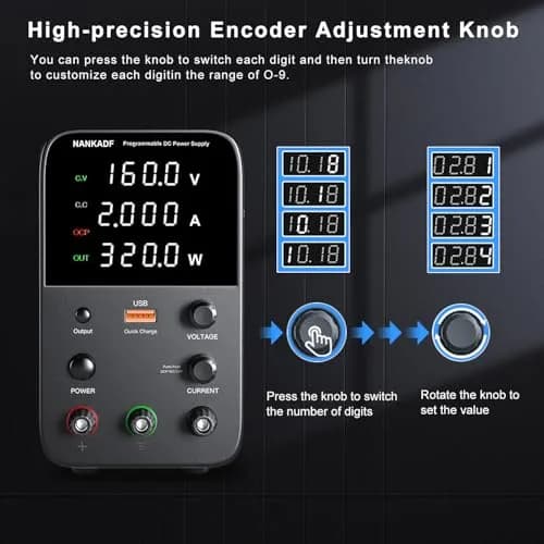 NANKADF Black DC Power Supply 160V 2A | Precise Encoder Knob & USB Quick-Charge thumbnail 3