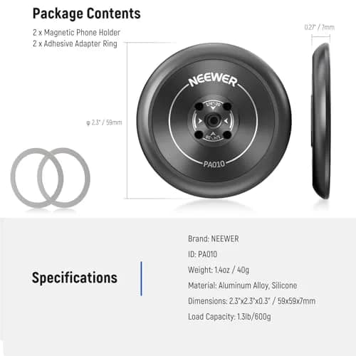 NEEWER Magnetic Phone Tripod Mount Adapter with Adhesive Magnetic Ring 2 Pack | 1/4" Thread for Video Recording Selfie Stick Ring Light thumbnail 8
