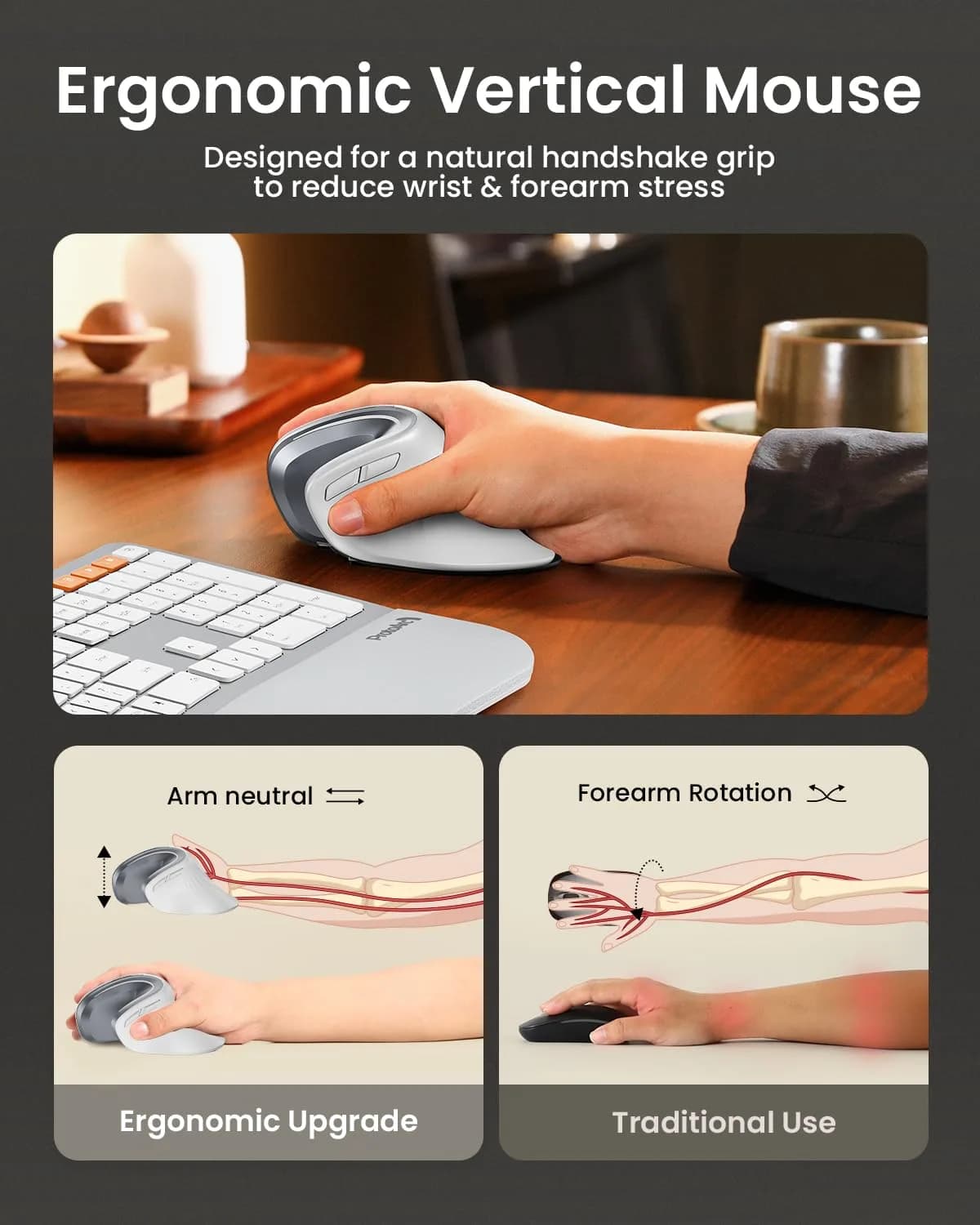 ProtoArc EM11 NL Wireless Ergonomic Vertical Mouse White 138mm (5.43in) | Connect 3 Devices via Bluetooth 5.0 & 2.4G USB-A - view 6