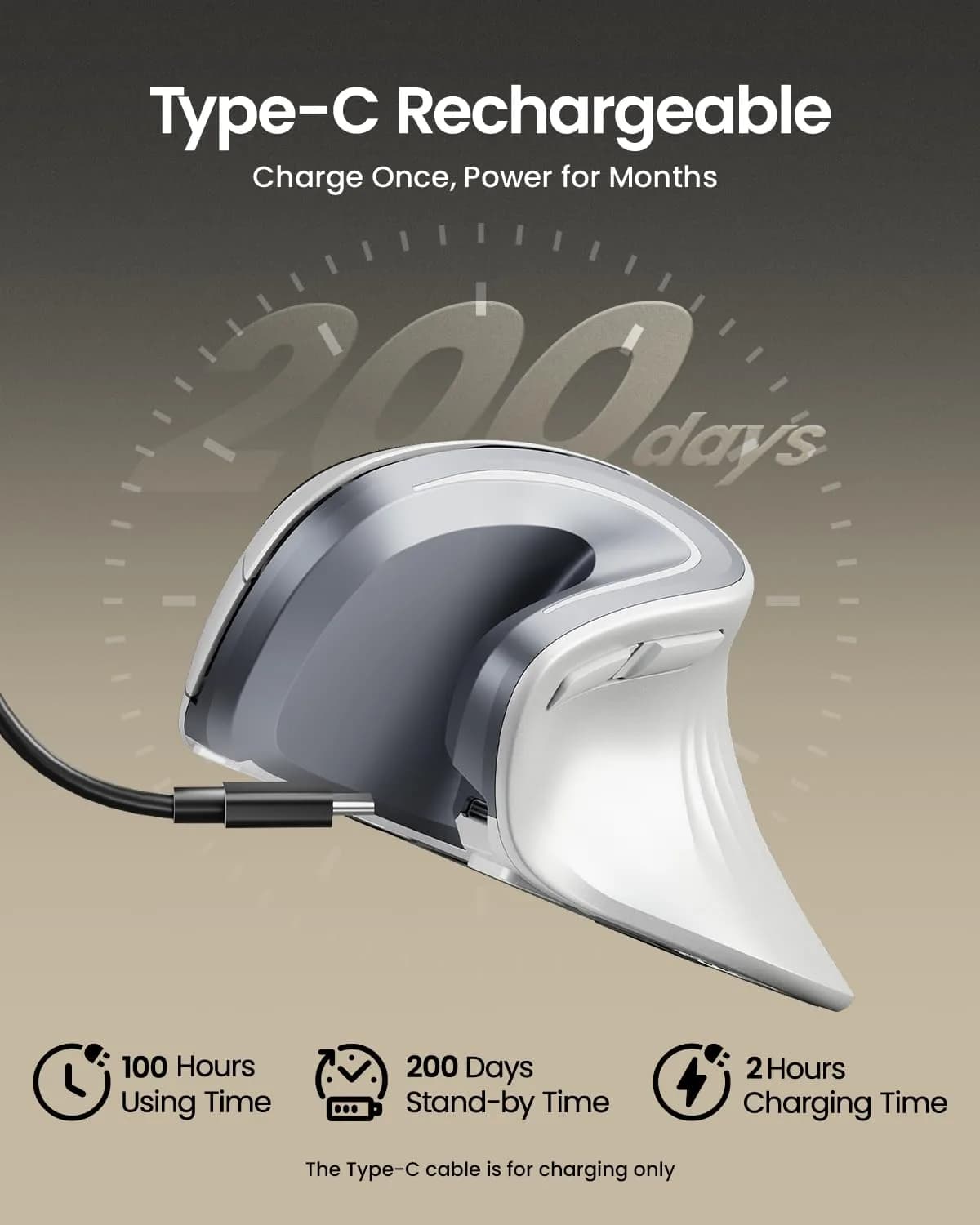 ProtoArc EM11 NL Wireless Ergonomic Vertical Mouse White 138mm (5.43in) | Connect 3 Devices via Bluetooth 5.0 & 2.4G USB-A - view 2