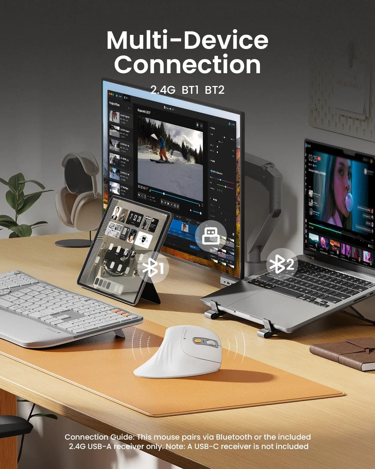 ProtoArc EM11 NL Wireless Ergonomic Vertical Mouse White 138mm (5.43in) | Connect 3 Devices via Bluetooth 5.0 & 2.4G USB-A - view 3