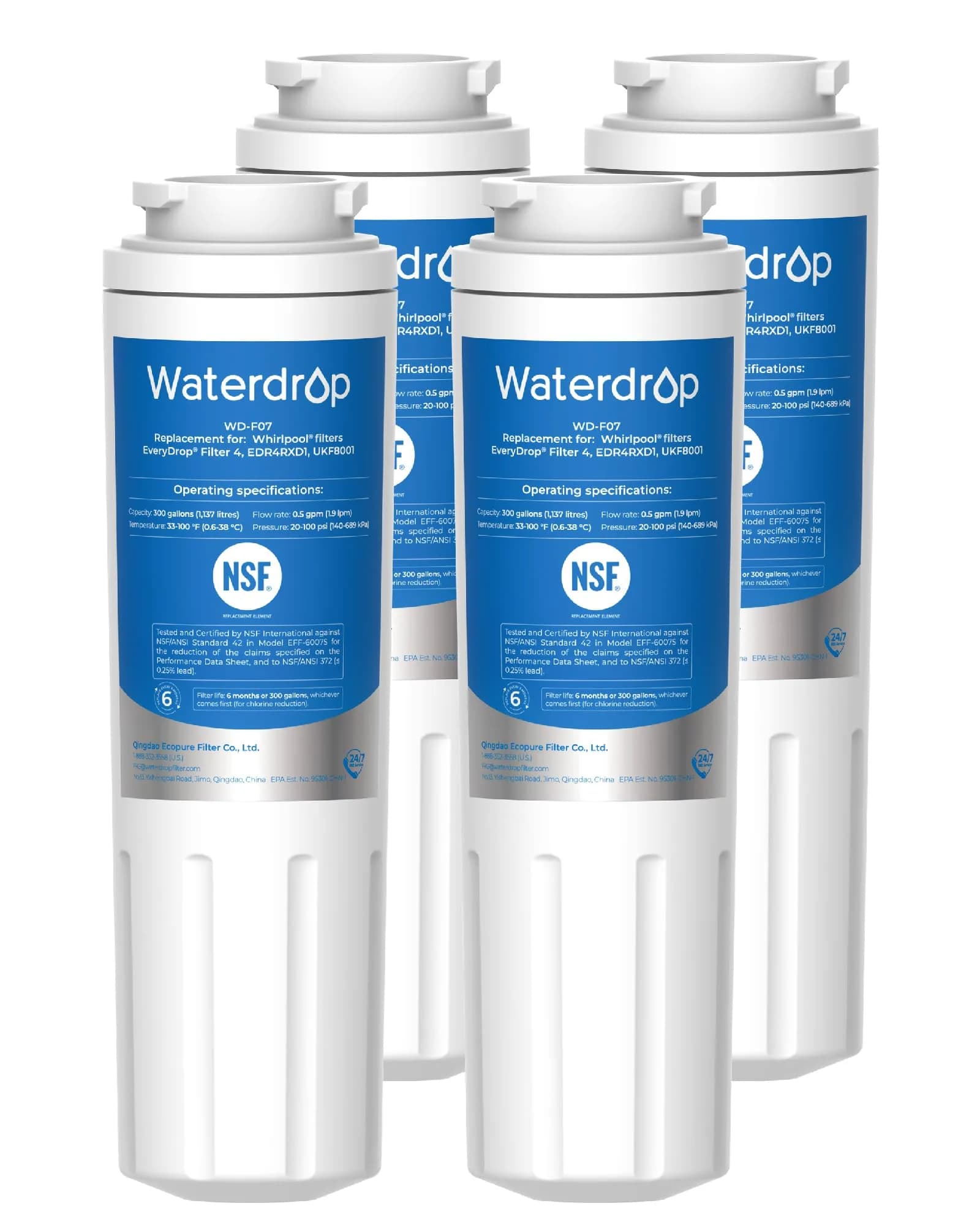 Waterdrop EDR4RXD1 Refrigerator Water Filter Replacement for EveryDrop® Filter 4, 4 Pack | NSF Certified, 220V Compatible — White