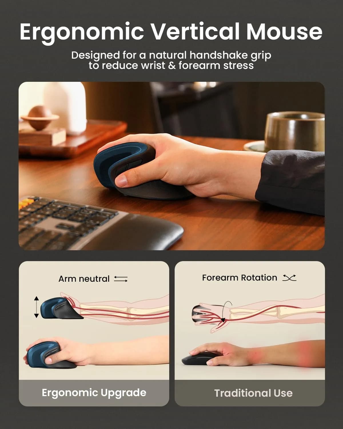ProtoArc EM11 NL Wireless Ergonomic Mouse, Rechargeable Vertical Mouse, 13.8cm (5.43in) Length | Connect 3 Devices via Bluetooth 5.0 & 2.4G USB-A - view 6