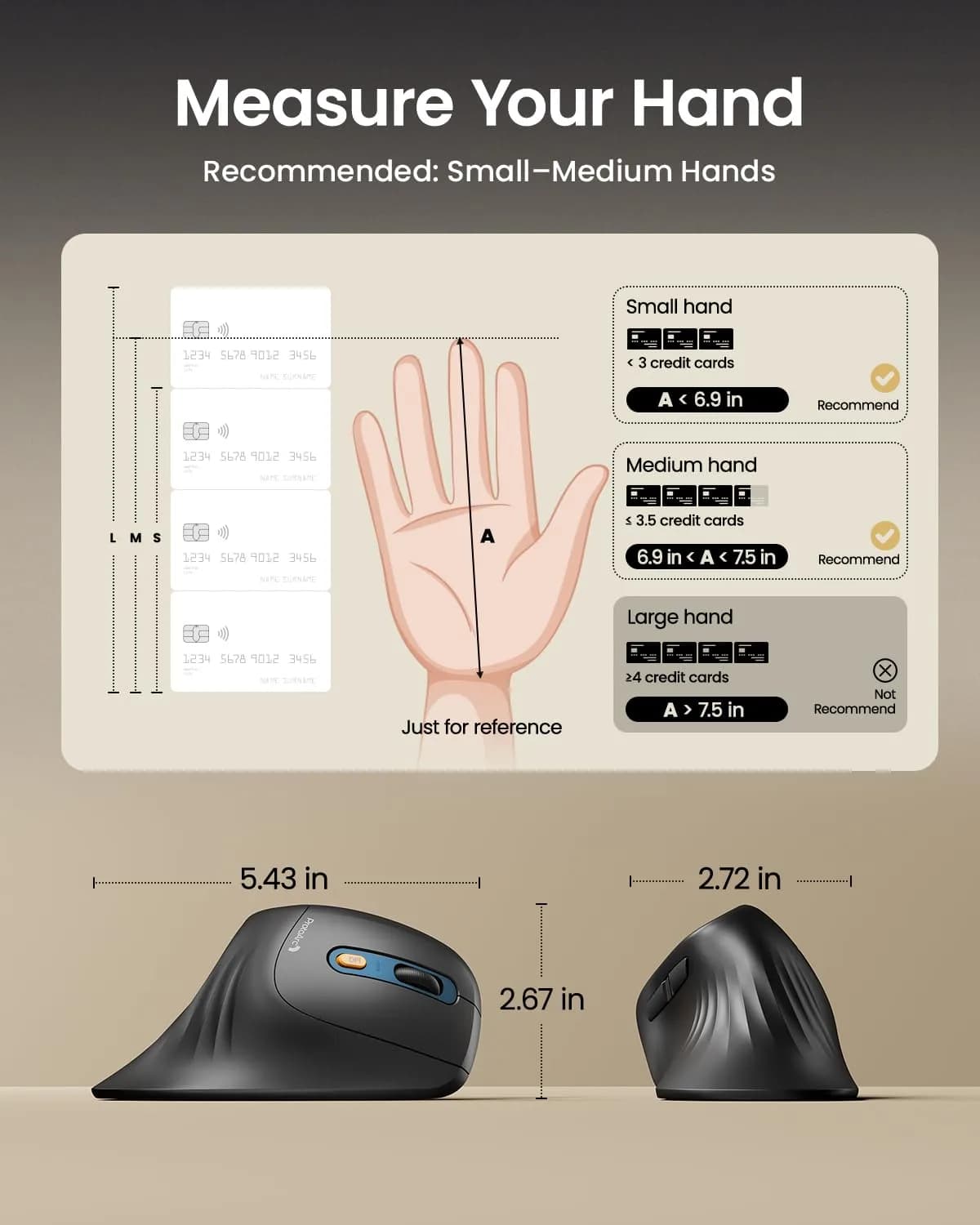 ProtoArc EM11 NL Wireless Ergonomic Mouse, Rechargeable Vertical Mouse, 13.8cm (5.43in) Length | Connect 3 Devices via Bluetooth 5.0 & 2.4G USB-A - view 7