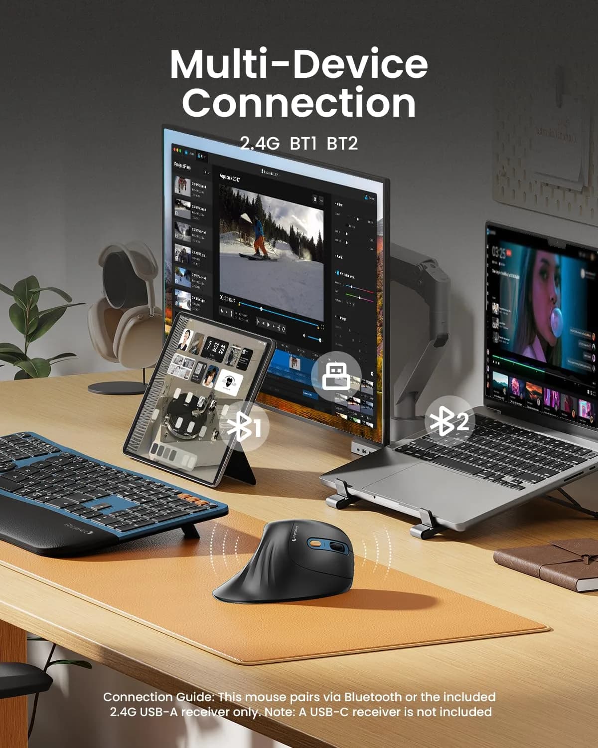 ProtoArc EM11 NL Wireless Ergonomic Mouse, Rechargeable Vertical Mouse, 13.8cm (5.43in) Length | Connect 3 Devices via Bluetooth 5.0 & 2.4G USB-A - view 2