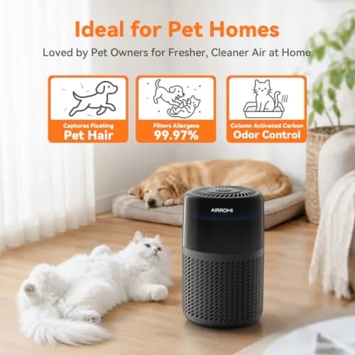 AIRROMI HEPA Air Purifier for Bedroom & Home | 360° Clean Air, Pet Odor & Smoke Removal, Quiet Operation, Black thumbnail 4