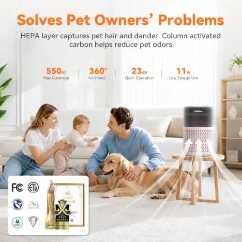 AIRROMI HEPA Air Purifier for Bedroom & Home | 360° Clean Air, Pet Odor & Smoke Removal, Quiet Operation, Black thumbnail 2