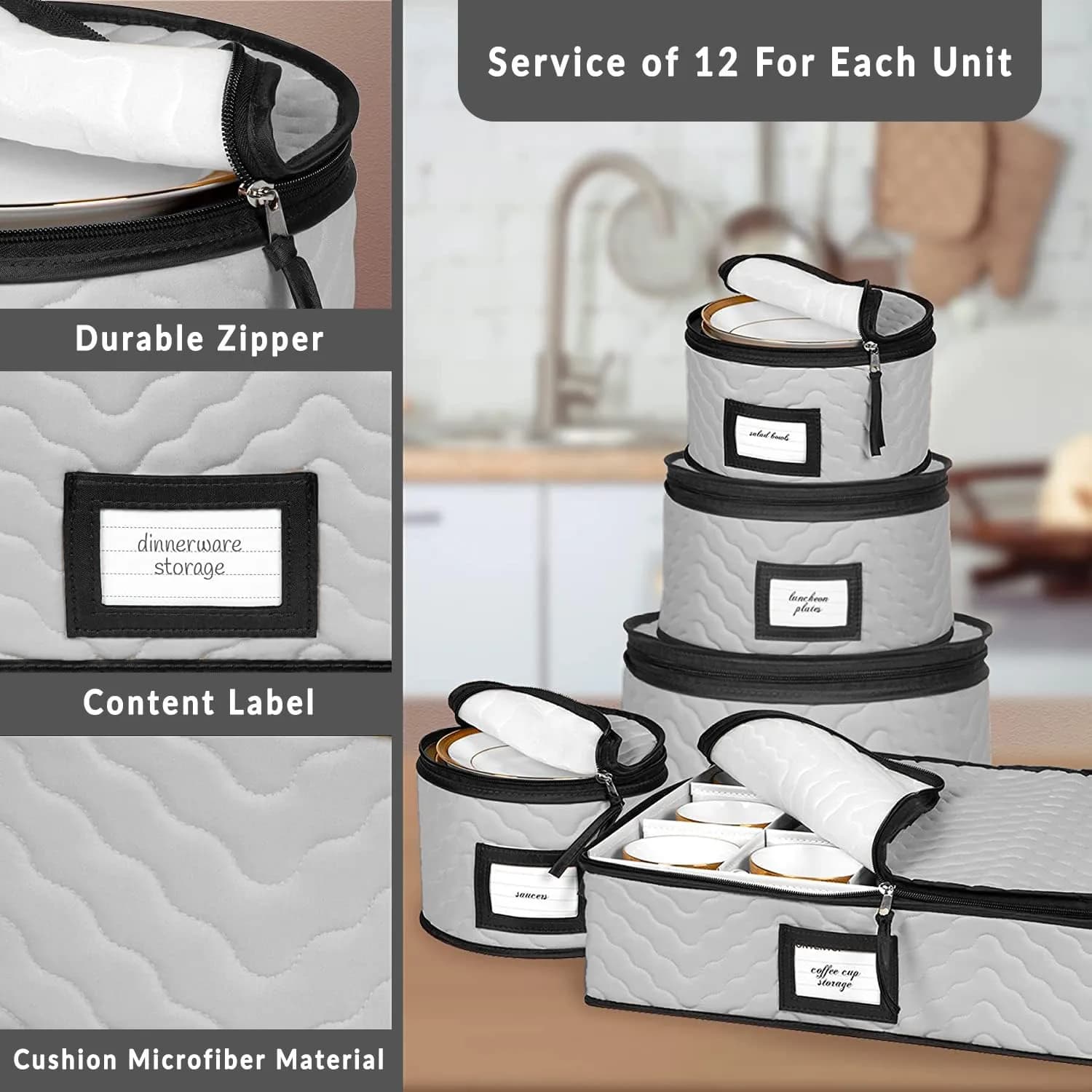HOLDN’ STORAGE 5-Piece China Storage Container Set for 12 Place Settings | Quilted Microfiber with Dividers - view 6