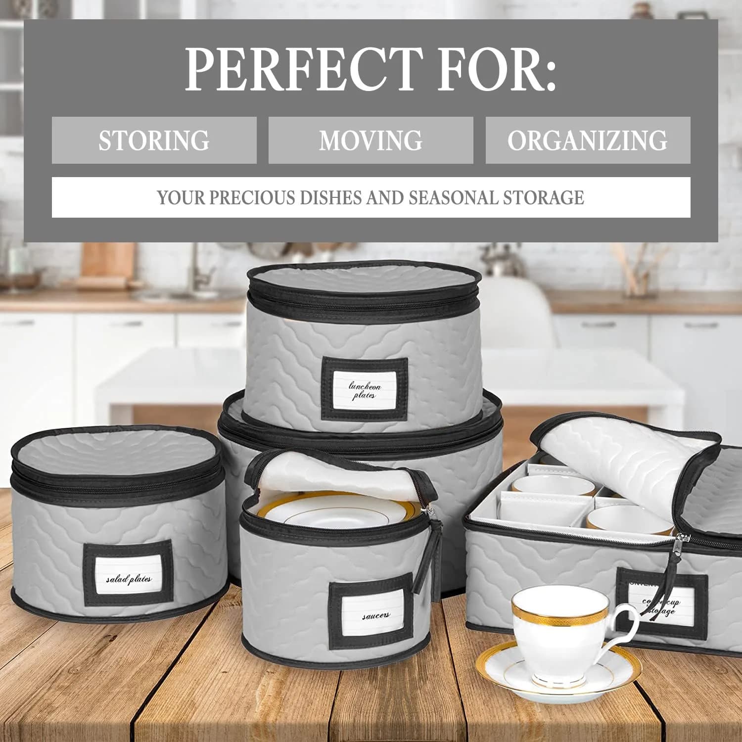 HOLDN’ STORAGE 5-Piece China Storage Container Set for 12 Place Settings | Quilted Microfiber with Dividers - view 2