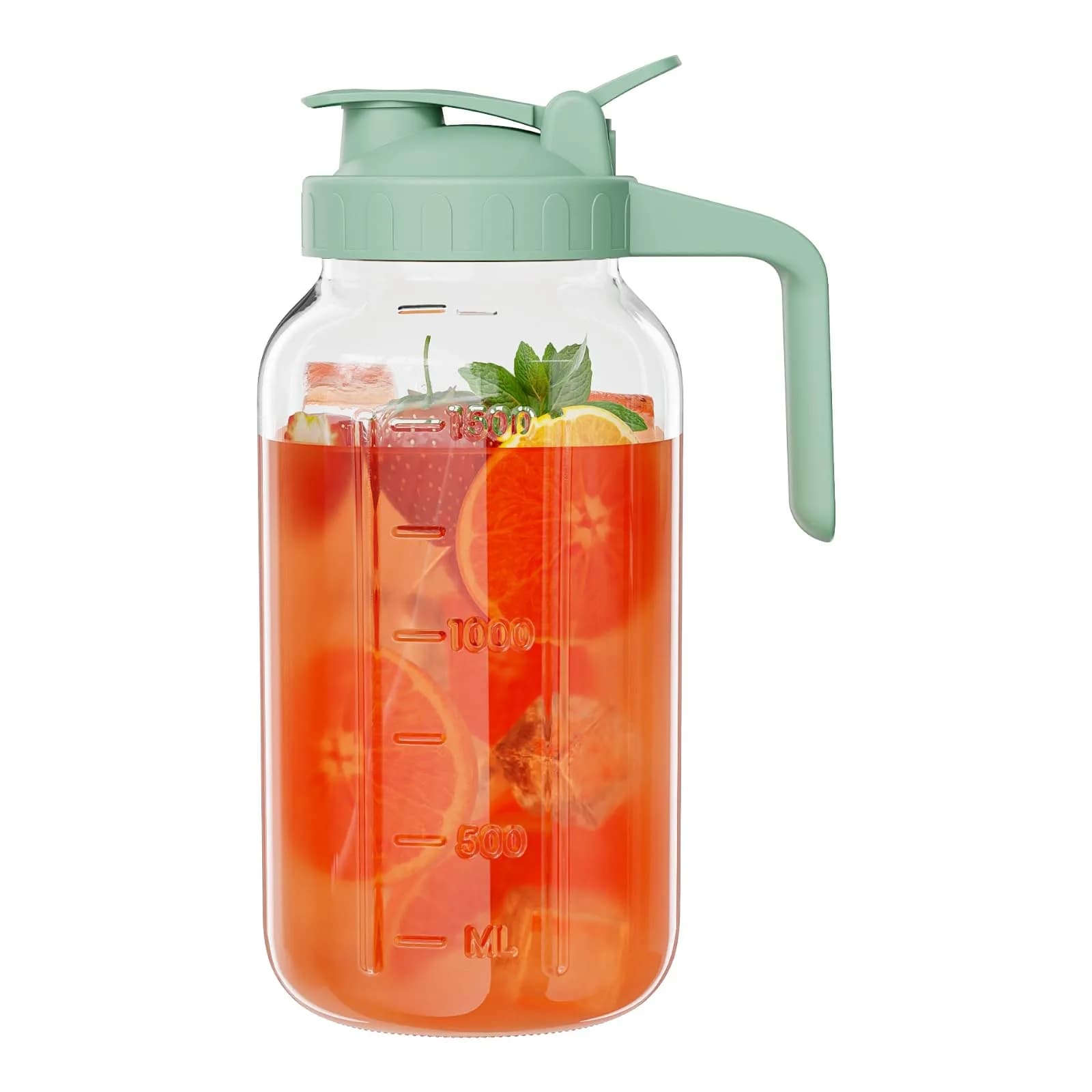 JunVpic Glass Pitcher with Lid, 1.89 L (64 oz) Wide Mouth Mason Jar | Leak-Proof Spout & Handle — Green