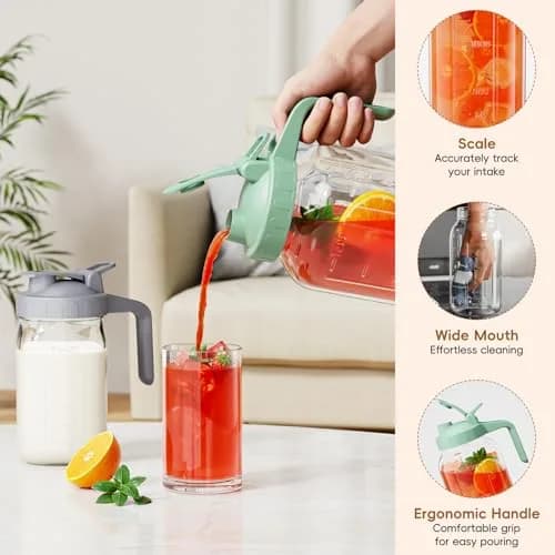 JunVpic Glass Pitcher with Lid, 1.89 L (64 oz) Wide Mouth Mason Jar, Green | Dishwasher Safe, Leakproof Spout thumbnail 4