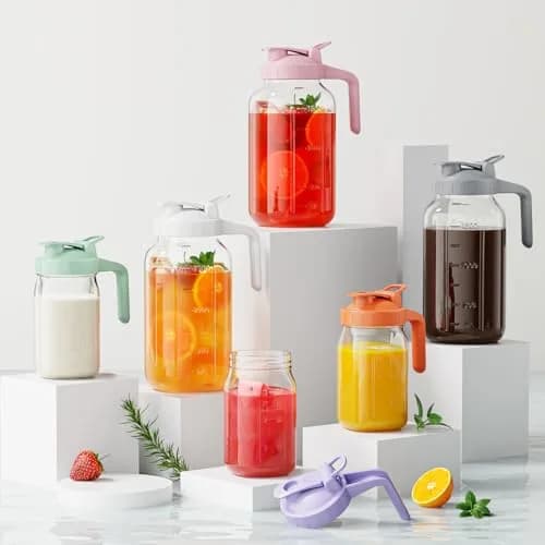 JunVpic Glass Pitcher with Lid, 1.89 L (64 oz) Wide Mouth Mason Jar, Green | Dishwasher Safe, Leakproof Spout thumbnail 6