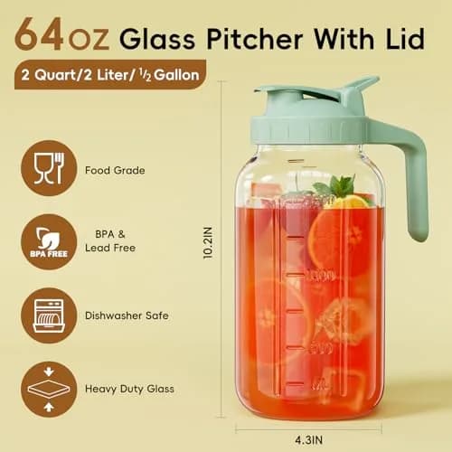 JunVpic Glass Pitcher with Lid, 1.89 L (64 oz) Wide Mouth Mason Jar, Green | Dishwasher Safe, Leakproof Spout thumbnail 2