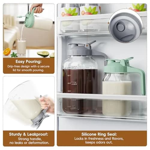 JunVpic Glass Pitcher with Lid, 1.89 L (64 oz) Wide Mouth Mason Jar, Green | Dishwasher Safe, Leakproof Spout thumbnail 3
